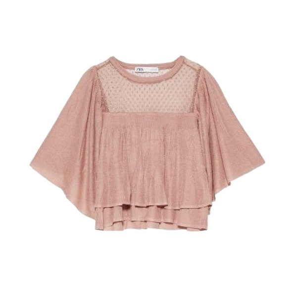 Zara Contrasting Ruffled Bell Sleeve Blush Nude Mesh Swiss Dot Top Blouse Small - Picture 4 of 15